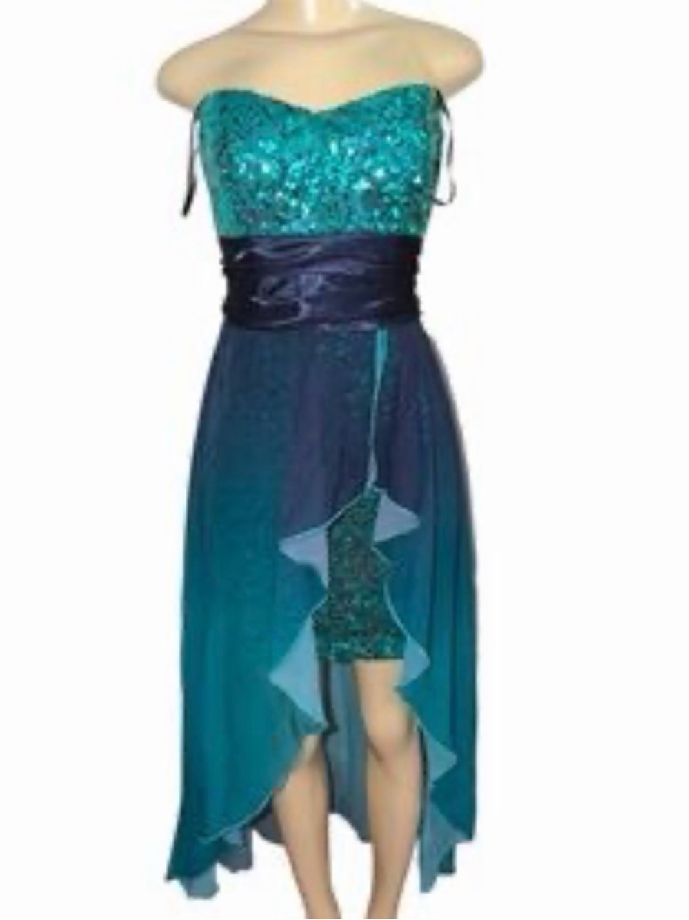 Strapless green and teal Sequin Hi-Low Dress
